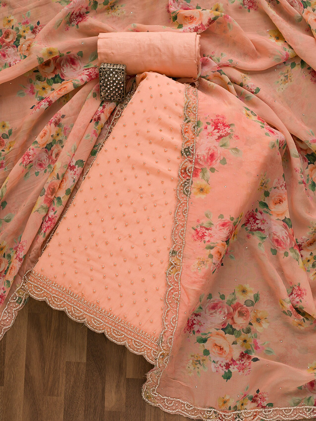 

Koskii Embroidered Organza Unstitched Dress Material, Peach