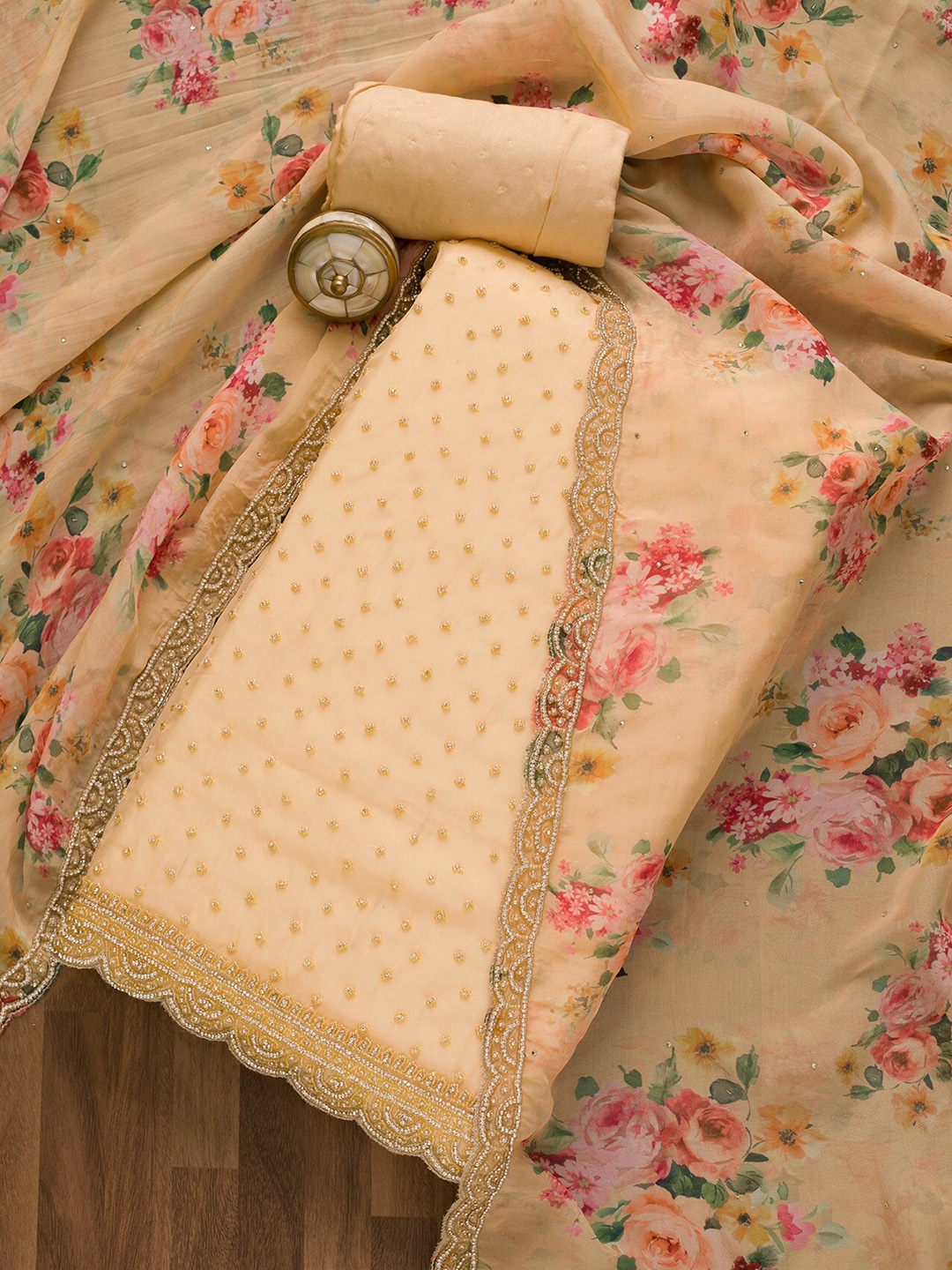 

Koskii Embroidered Organza Unstitched Dress Material, Cream