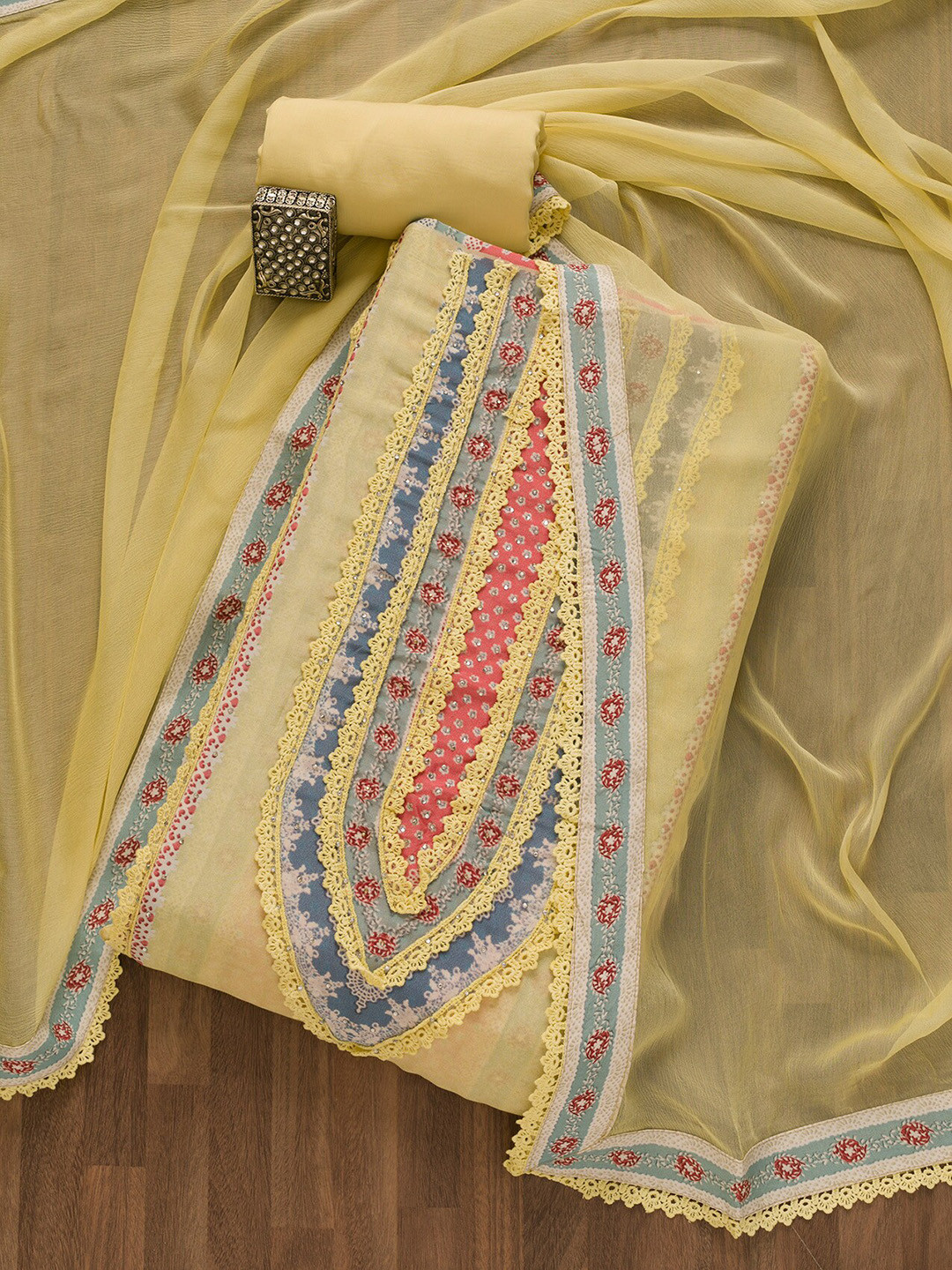 

Koskii Floral Embroidered Unstitched Dress Material, Yellow
