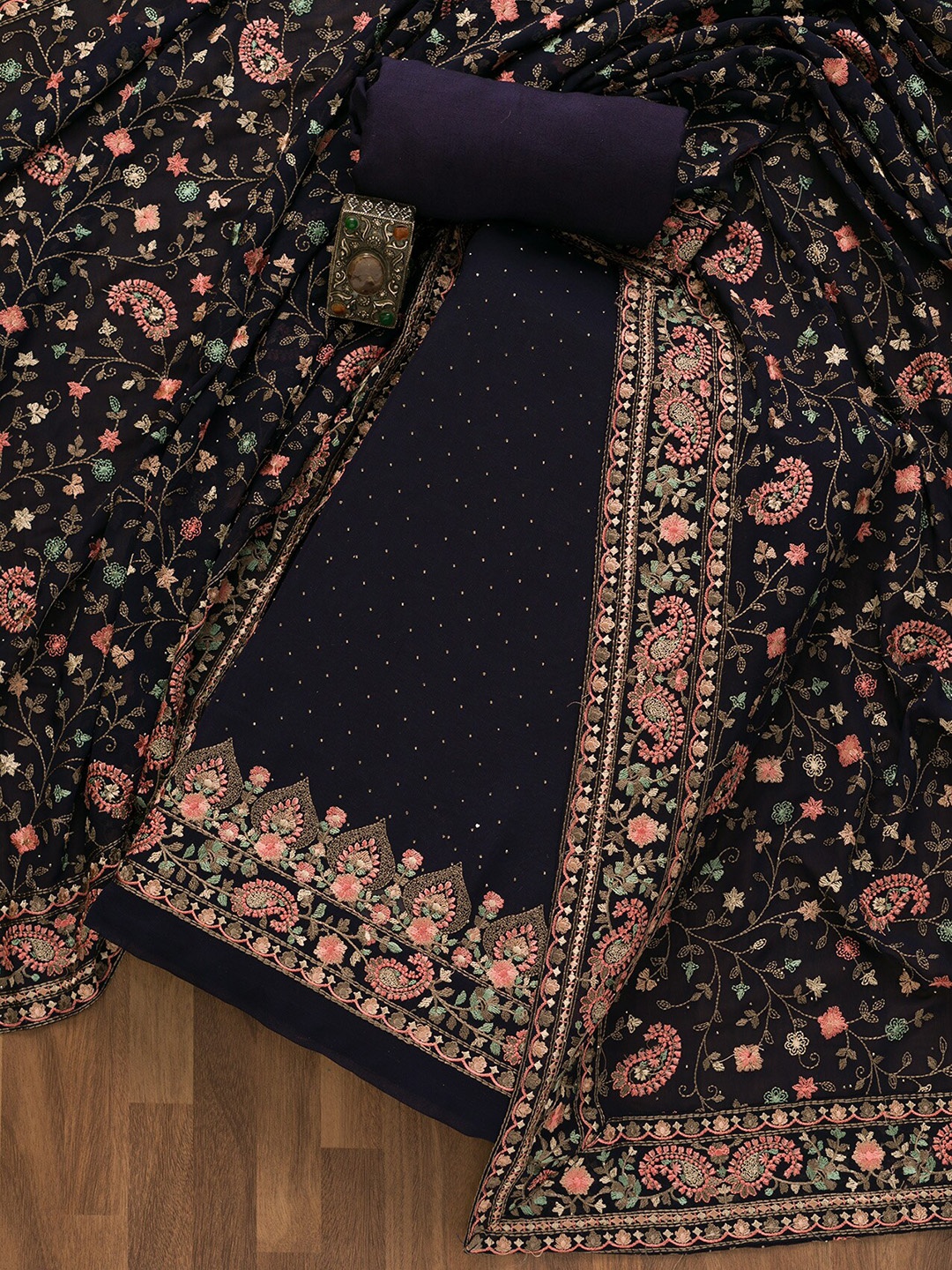 

Koskii Embroidered Unstitched Dress Material, Navy blue