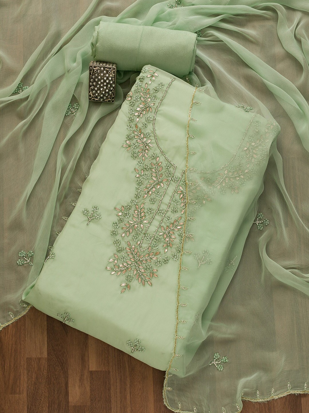 

Koskii Floral Embellished With Beads & Stones Organza Semi-Stitched Dress Material, Green
