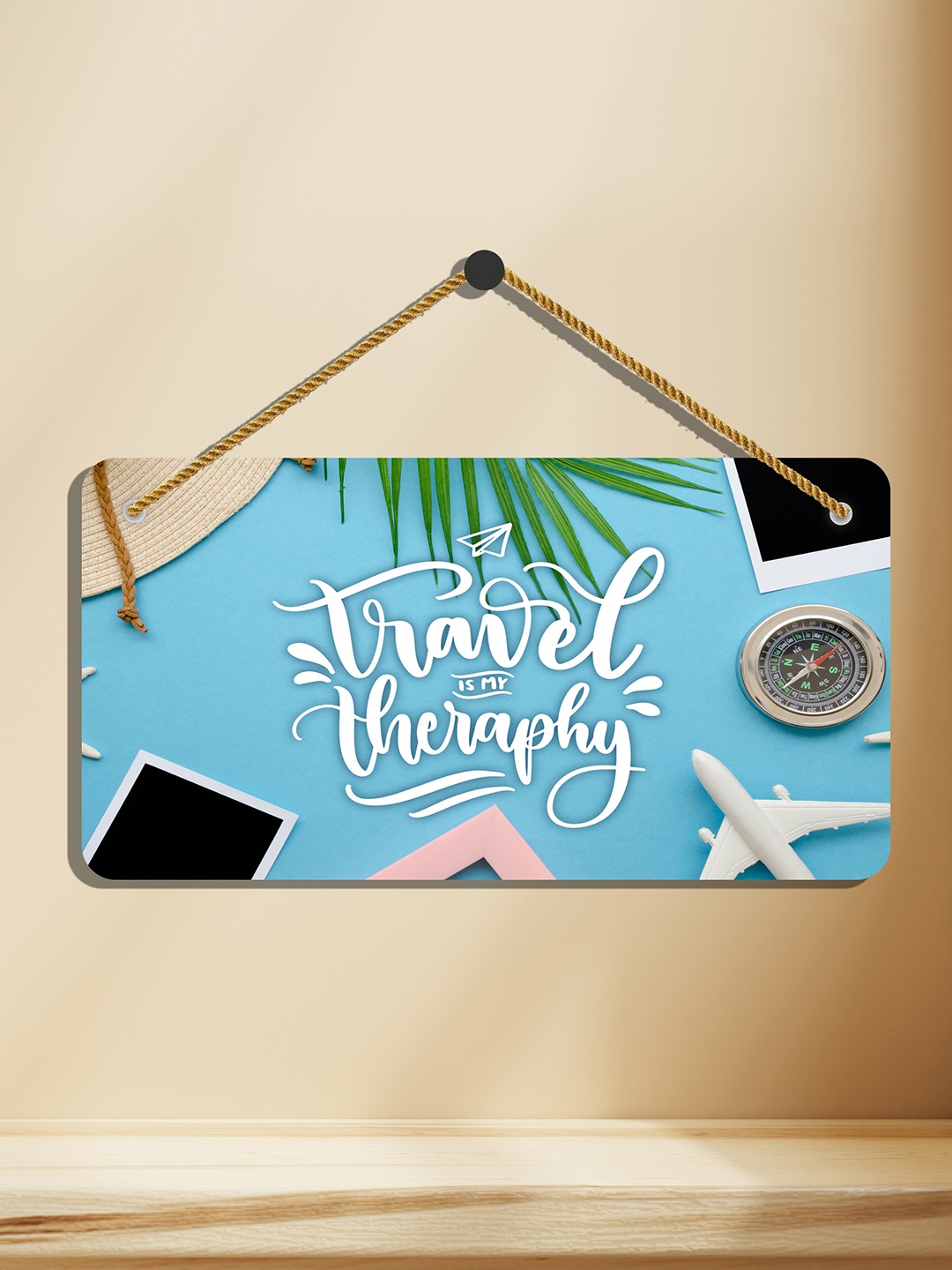 

SAF Blue & White Travel Is My Therapy Printed Wall Hanging With Zardoori String