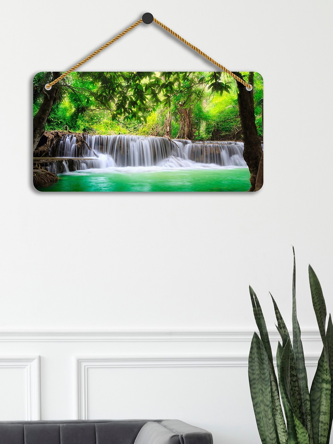 SAF Green & White Waterfall Printed Wall Hanging With Zardoori String