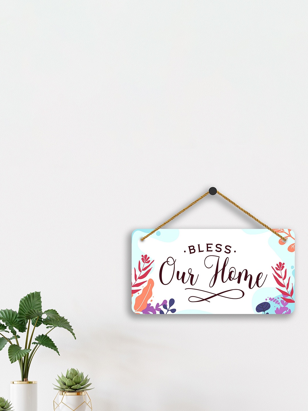 

SAF White & Purple Bless Our Home Printed Wall Hanging With Zardoori String
