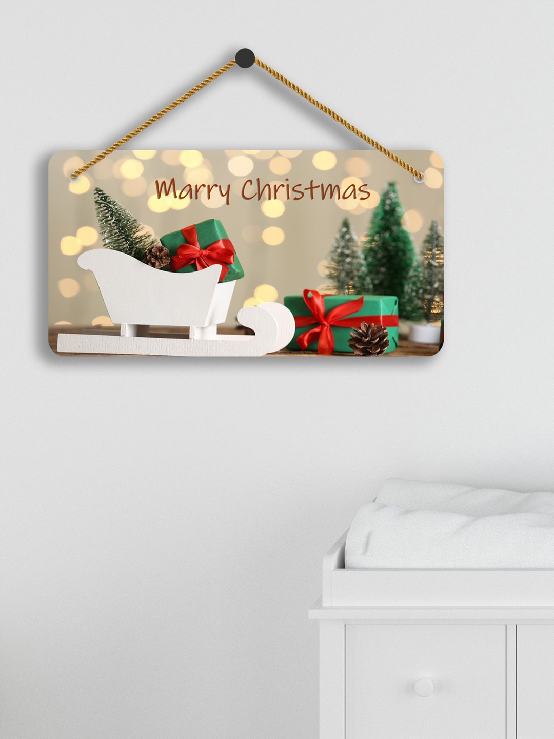 

SAF Beige & White Marry Christmas Printed Wooden Wall Hanging With Zardoori String