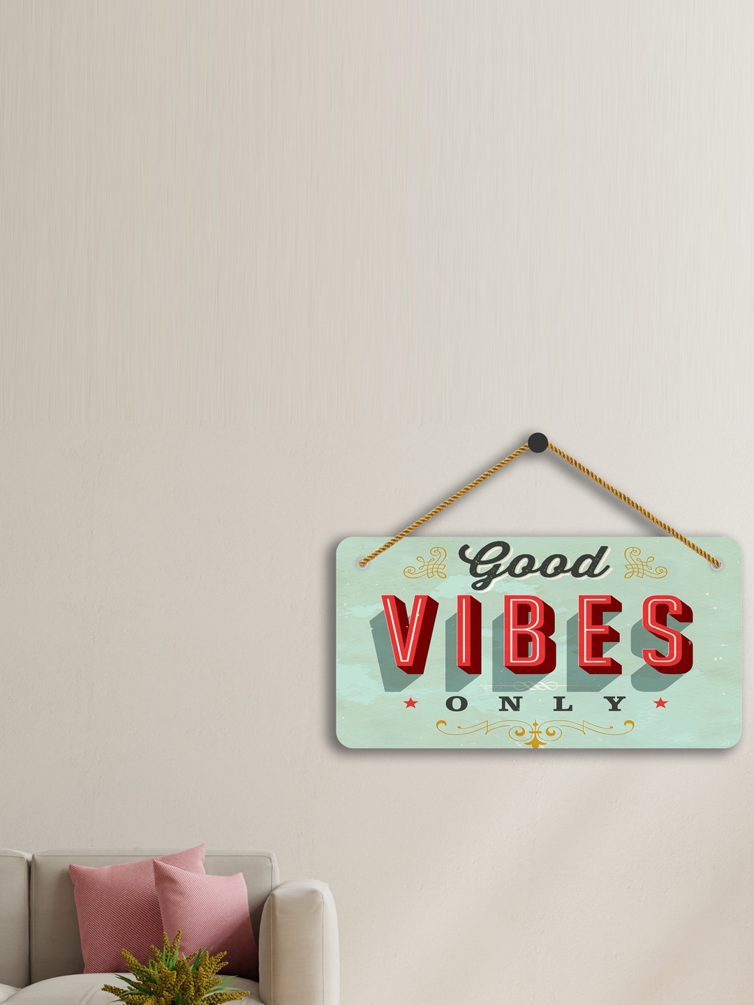 

SAF Green & Red Good Vibes Only Printed Wooden Wall Hanging With Zardoori String