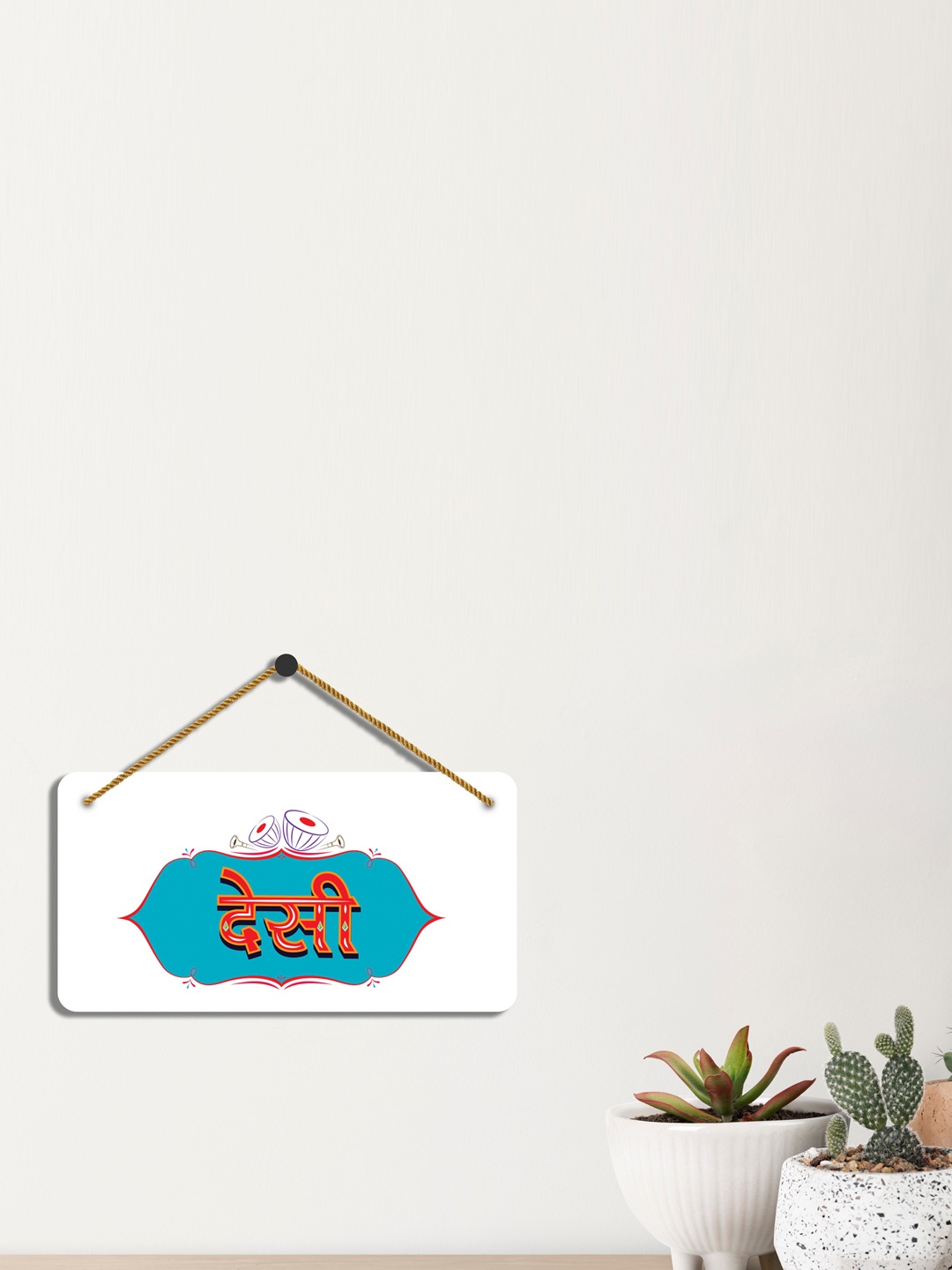 SAF White & Blue Desi Printed Wooden Wall Hanging With Zardoori String