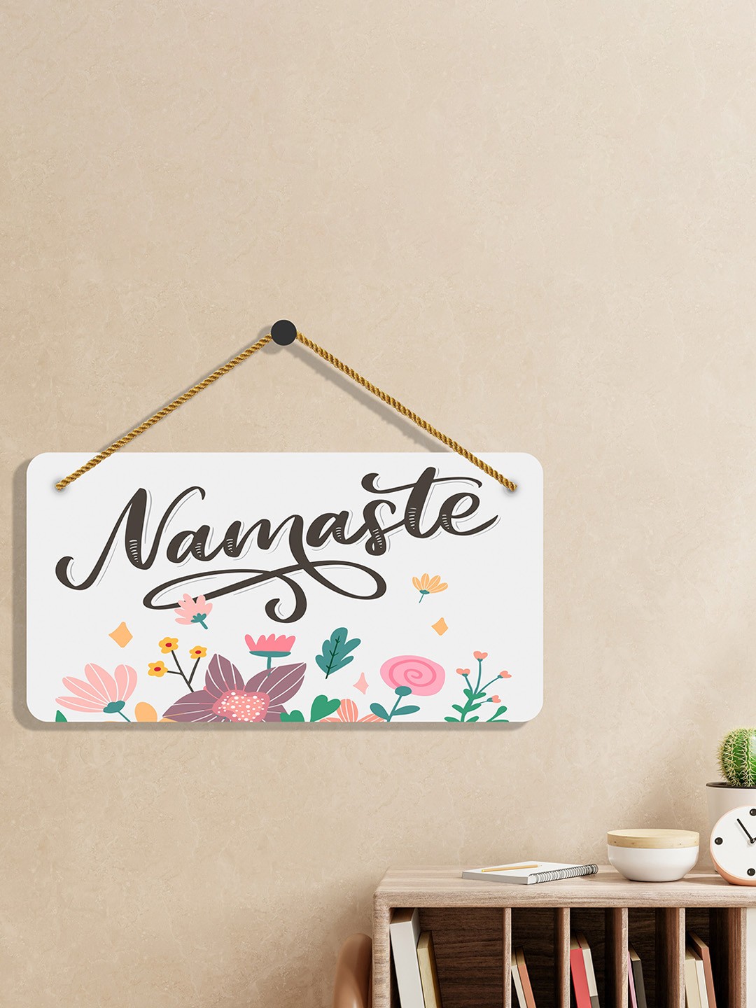 

SAF White & Black Namaste Printed Wooden Wall Hanging With Zardoori String