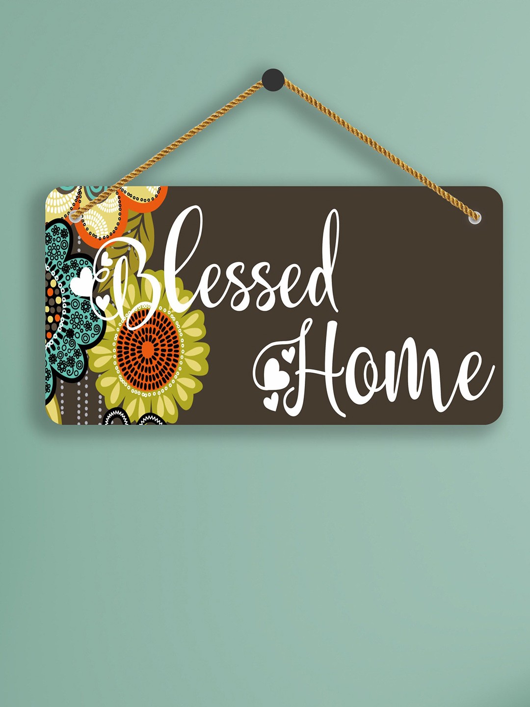 

SAF Brown & White Blessed Home Printed Wooden Wall Hanging With Zardoori String