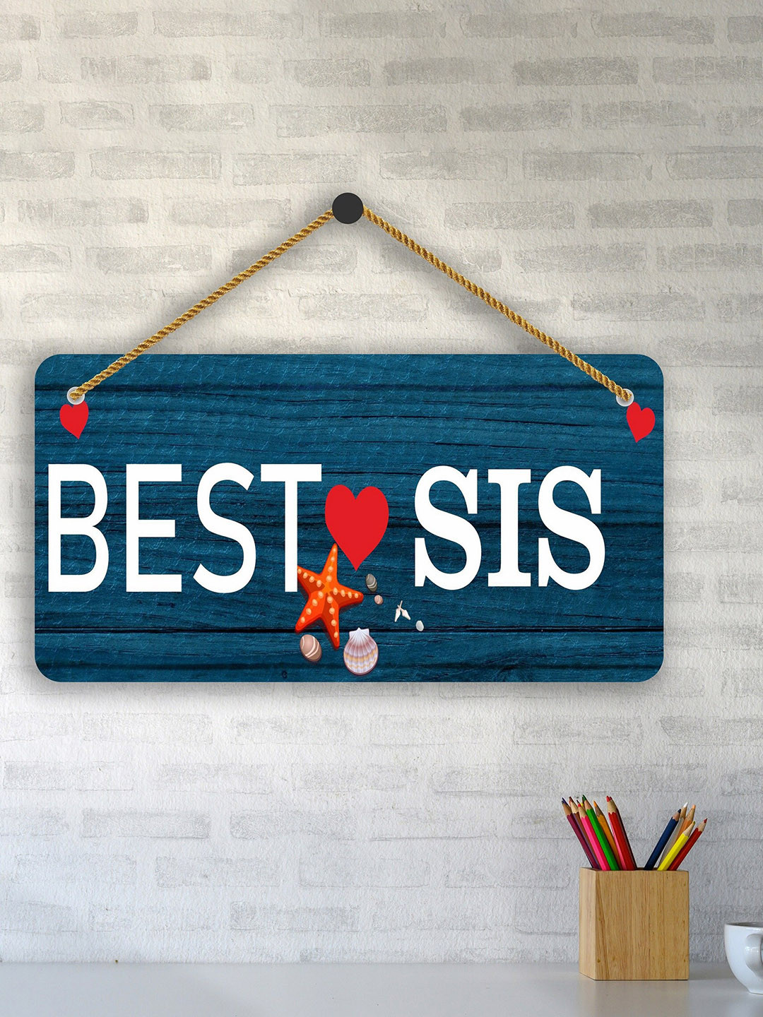 

SAF Blue & White Best Sis Printed Wooden Wall Hanging With Zardoori String