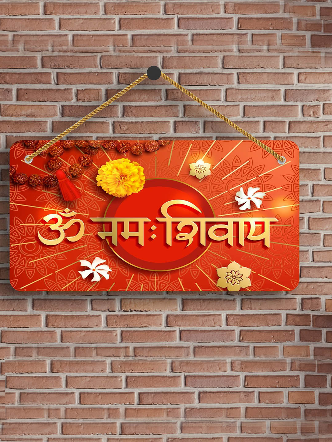 

SAF Orange-Colored Om Namah Shivay Printed Wooden Wall Hanging With Zardoori String