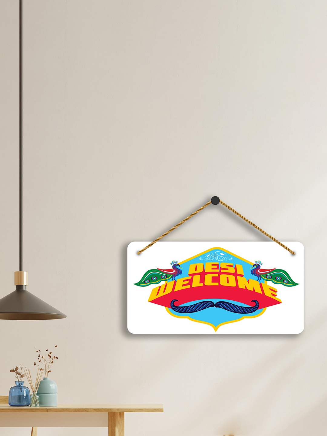 

SAF White & Blue Desi Welcome Printed Wooden Wall Hanging With Zardoori String