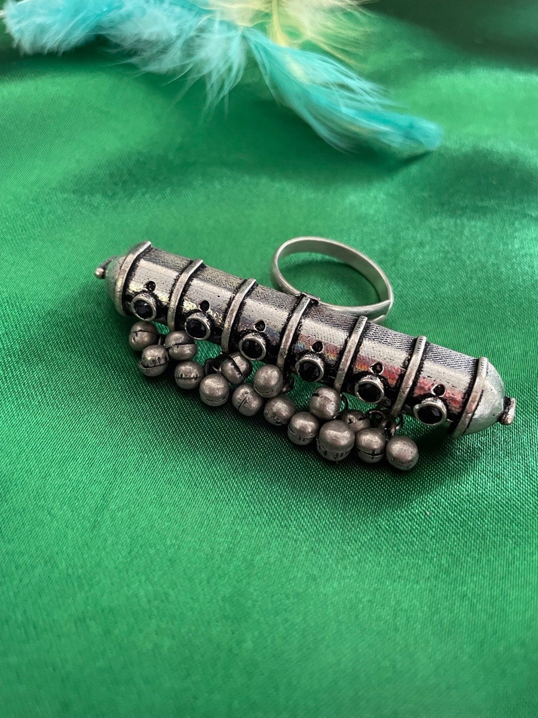 

Digital Dress Room Oxidized Silver-Plated Stone-Studded Adjustable Finger Ring