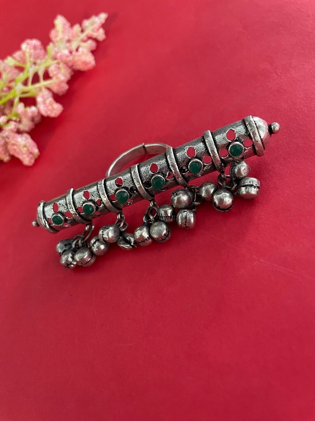 

Digital Dress Room Oxidized Silver-Plated Stone Studded Adjustable Finger Ring