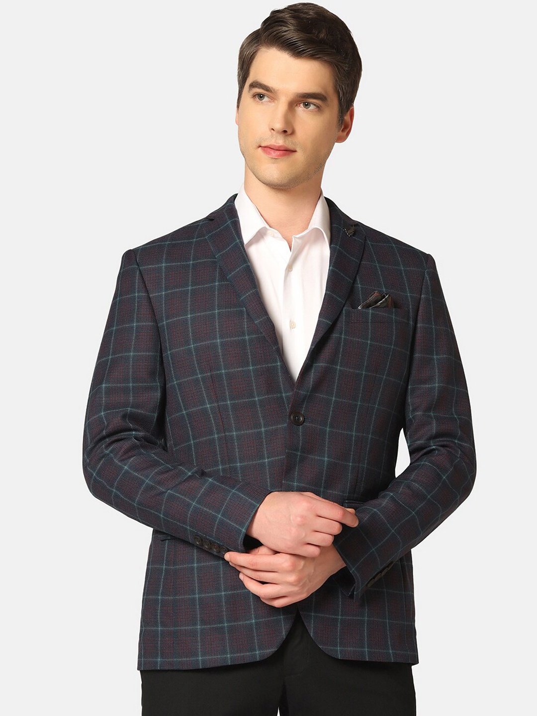 

Blackberrys Checked Slim-Fit Single-Breasted Formal Blazer, Navy blue