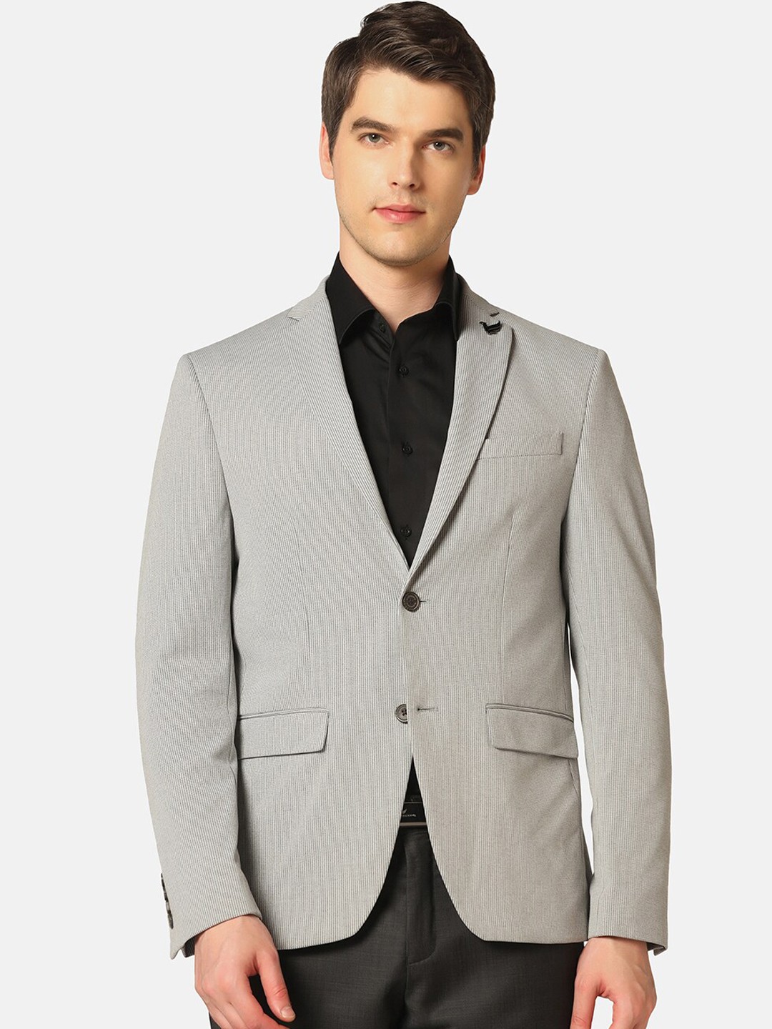 

Blackberrys Notched Lapel Collar Striped Slim-Fit Single-Breasted Formal Blazers, Grey