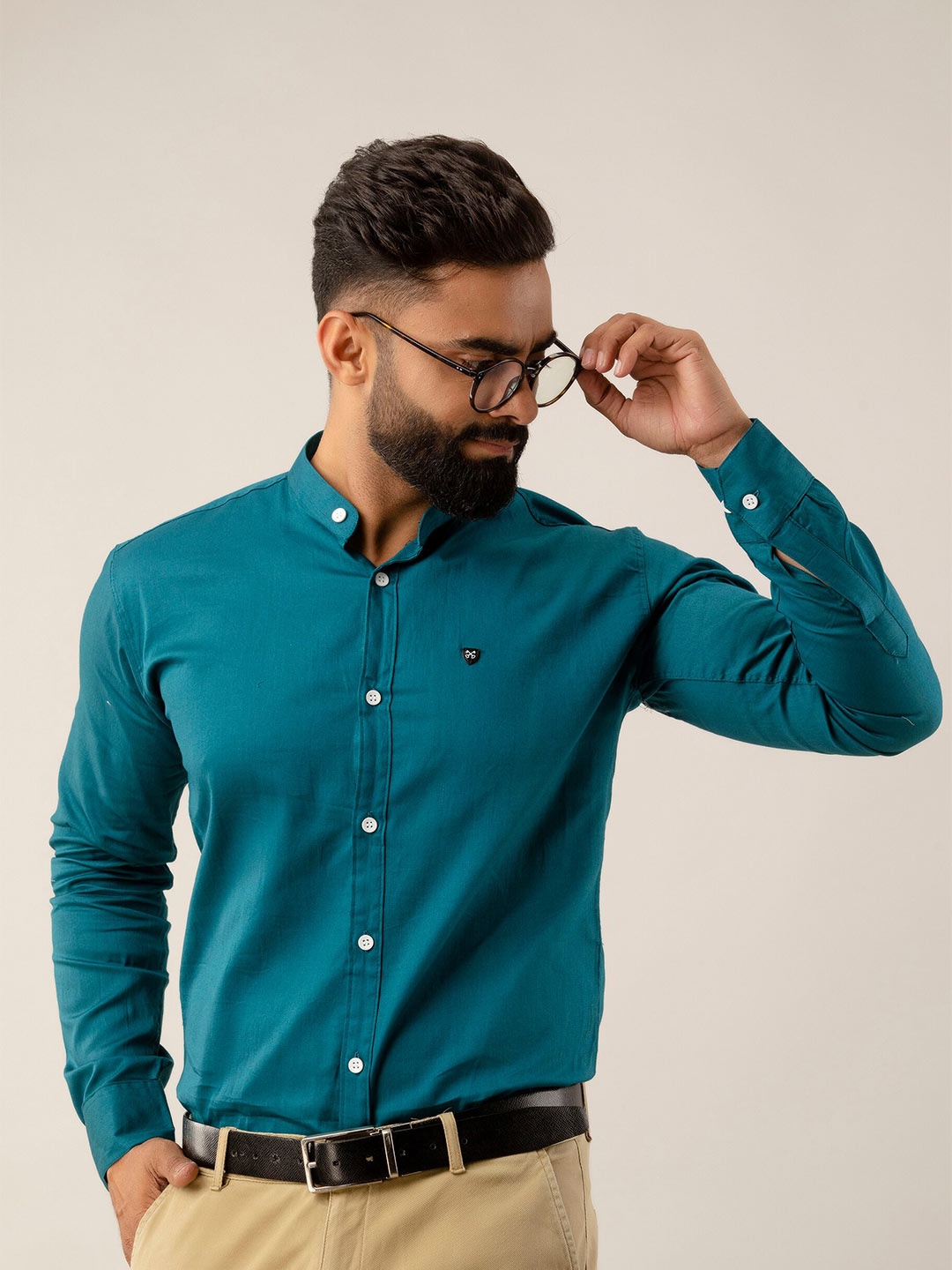 

SURHI Smart Fit Band Collar Opaque Formal Shirt, Teal