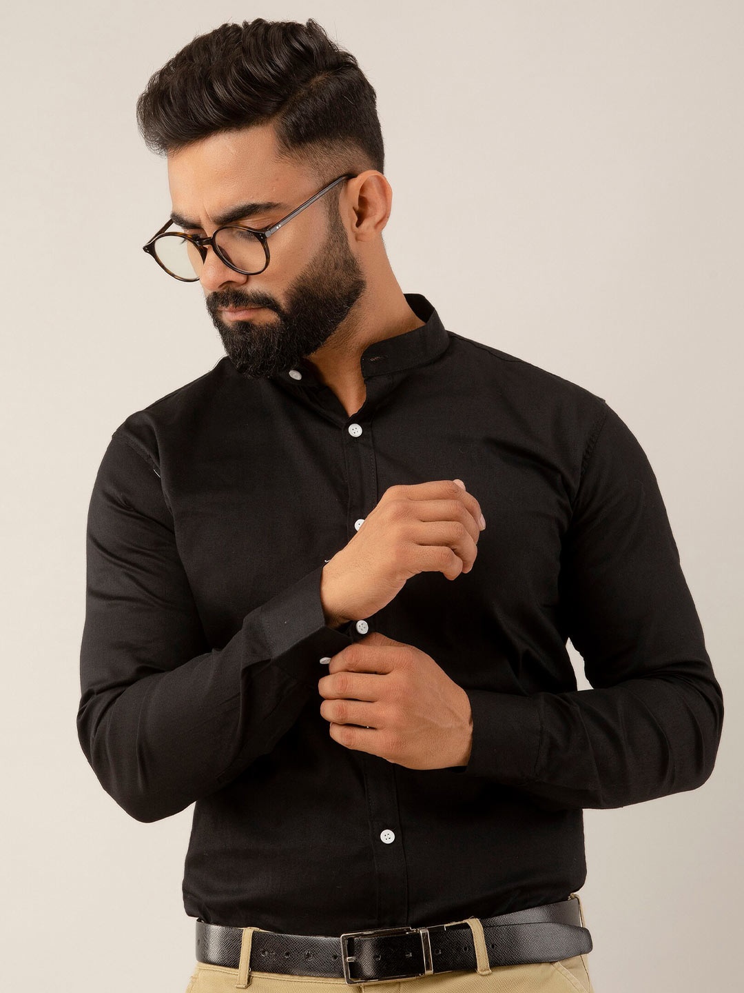 

SURHI Smart Fit Band Collar Opaque Formal Shirt, Black