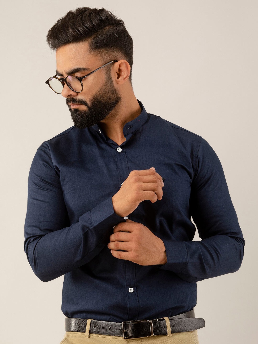 

SURHI Smart Fit Band Collar Opaque Formal Shirt, Blue