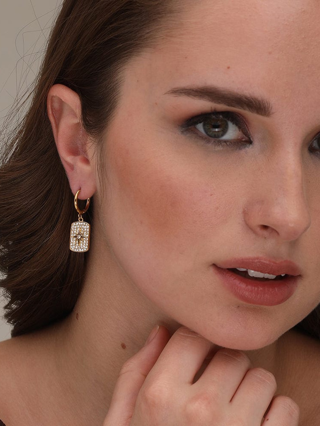 

PALMONAS Gold-Plated Stone Studded Contemporary Drop Earrings