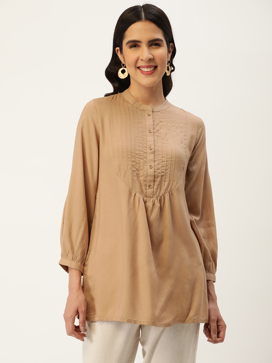 

AMUKTI Viscose Rayon Mandarin Collar Tunic, Beige