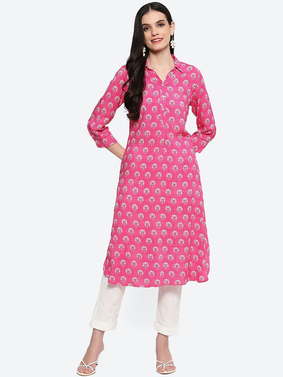 

Biba Ethnic Motifs Printed Shirt Collar Kurta, Pink