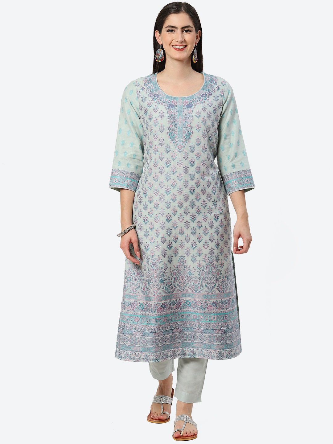 

Biba Ethnic Motifs Printed A-Line Cotton Kurta, Blue