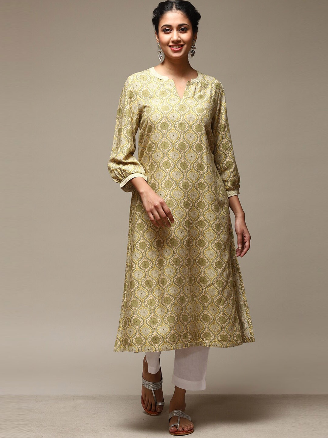 

Biba Ethnic Motifs Printed Puff Sleeves A-Line Kurta, Mustard
