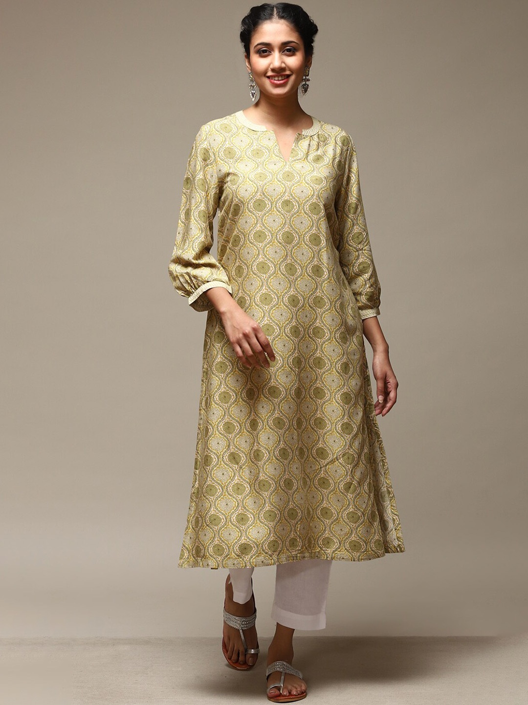 

Biba Ethnic Motifs Printed Puff Sleeves A-Line Kurta, Green