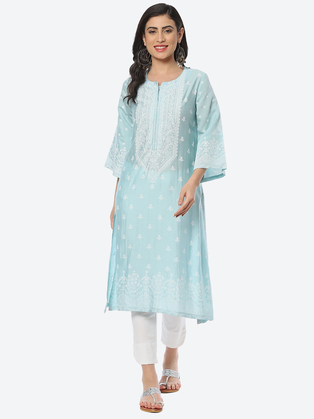 

Biba Ethnic Motifs Printed Flared Sleeves Kurta, Turquoise blue