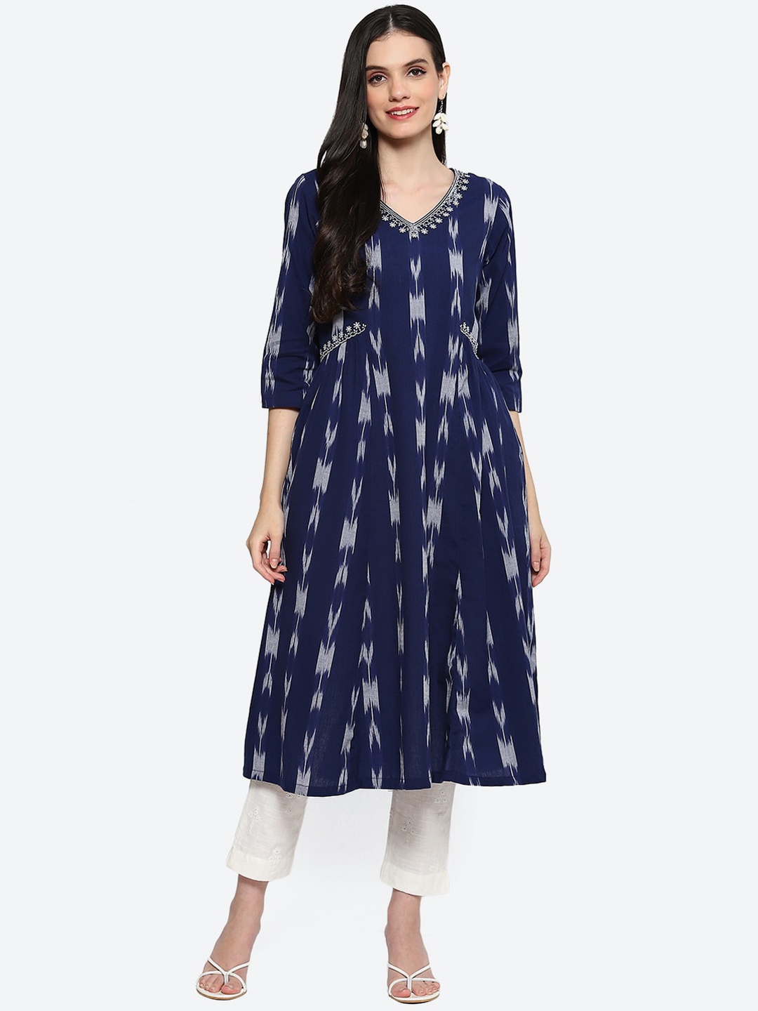 

Biba Woven Design V Neck Ikat Thread Work A-Line Pure Cotton Kurta, Navy blue