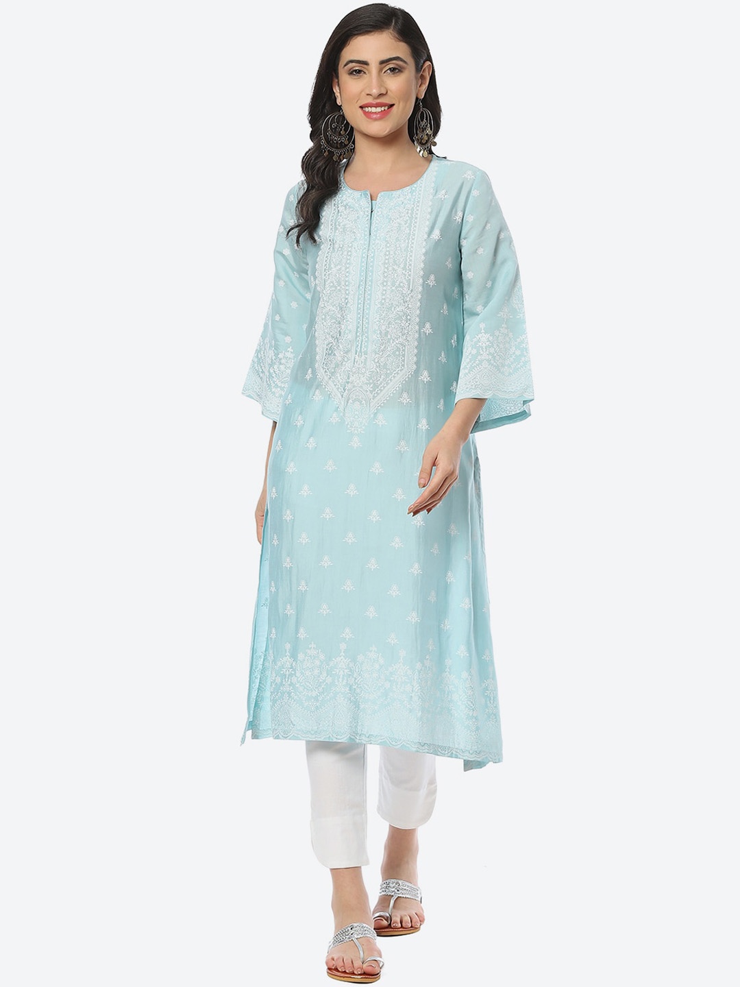 

Biba Ethnic Motifs Printed Flared Sleeves Kurta, Turquoise blue