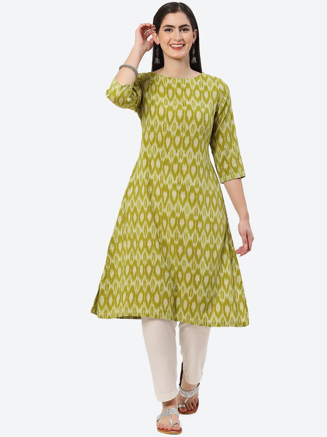 

Biba Ethnic Motifs Woven Design Ikat Boat Neck Pure Cotton Kurta, Olive