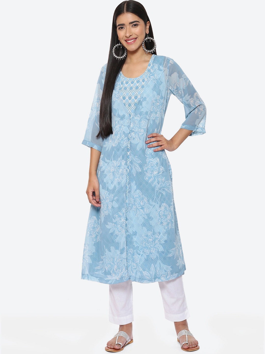 

Biba Floral Printed Sleeveless Kurta With Jacket, Turquoise blue