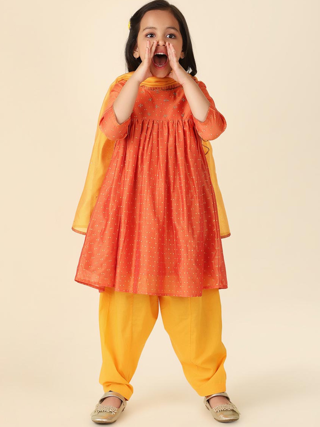

Fabindia Girls Geometric Printed Sequined Anarakli Kurta with Salwar & Dupatta, Orange