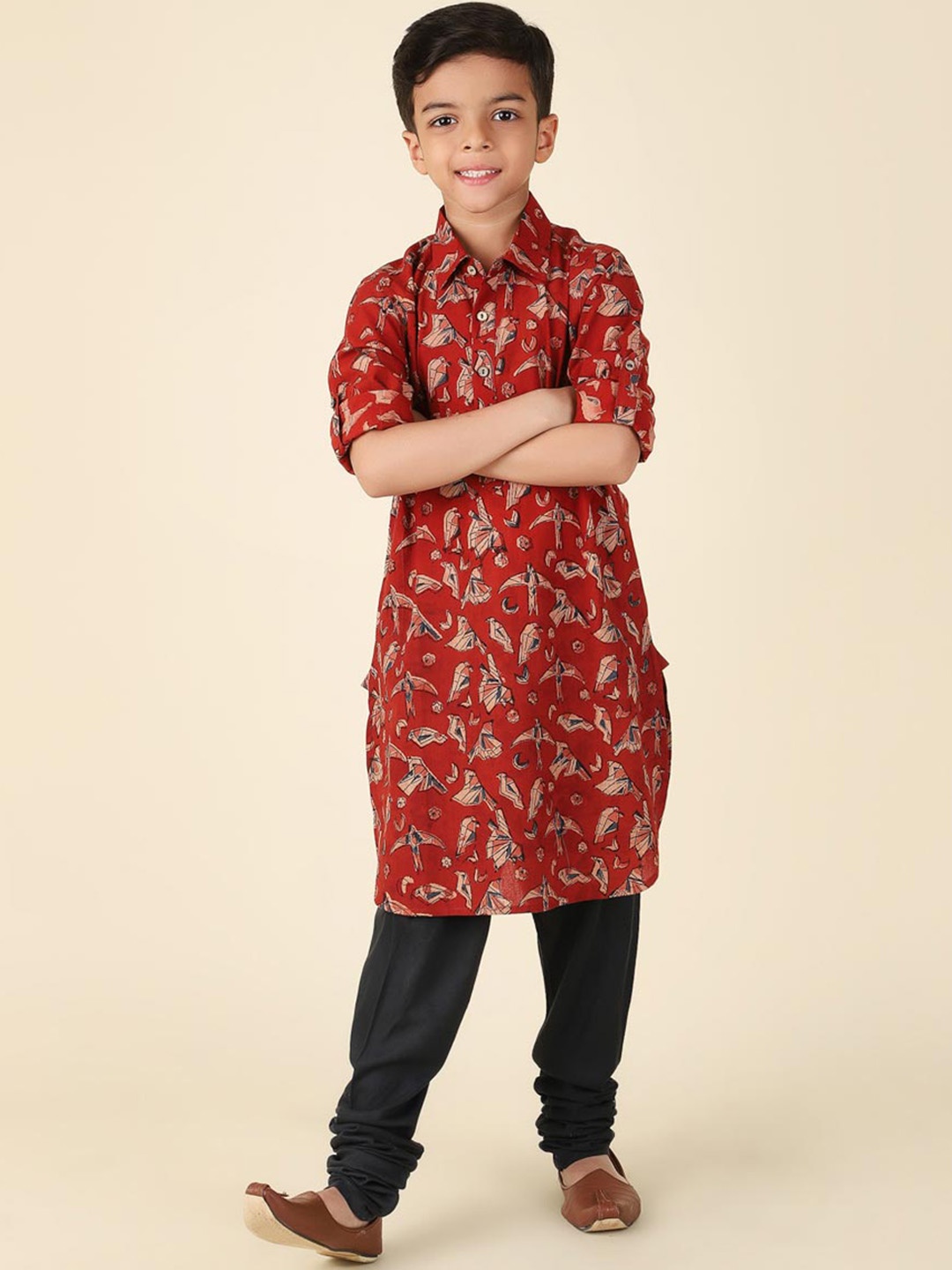 

Fabindia Boys Abstract Printed Shirt Collar Cotton Pathani Kurta, Maroon