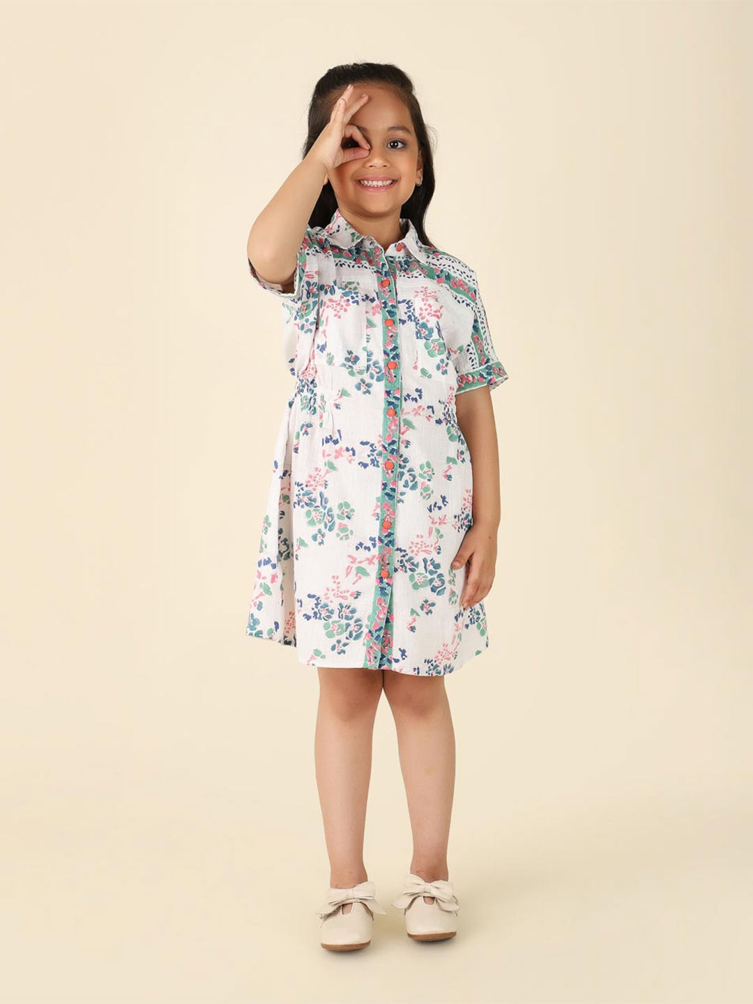 

Fabindia Girls Floral Printed Cotton Shirt Dress, White