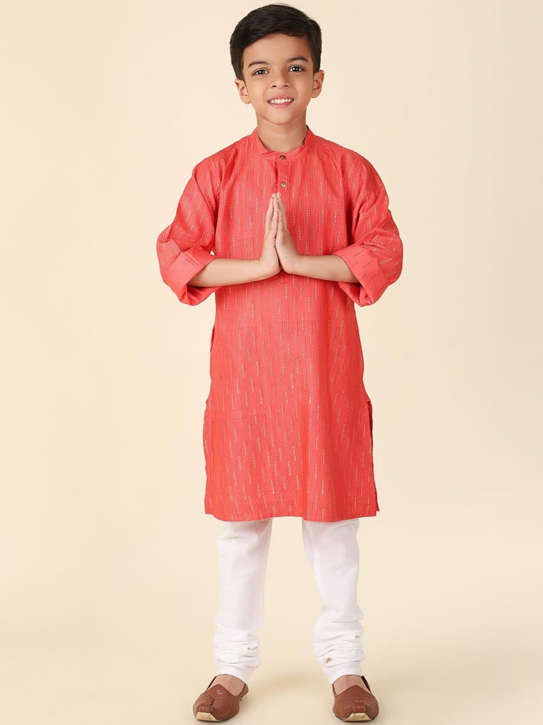 

Fabindia Boys Band Collar Striped Kurta, Coral