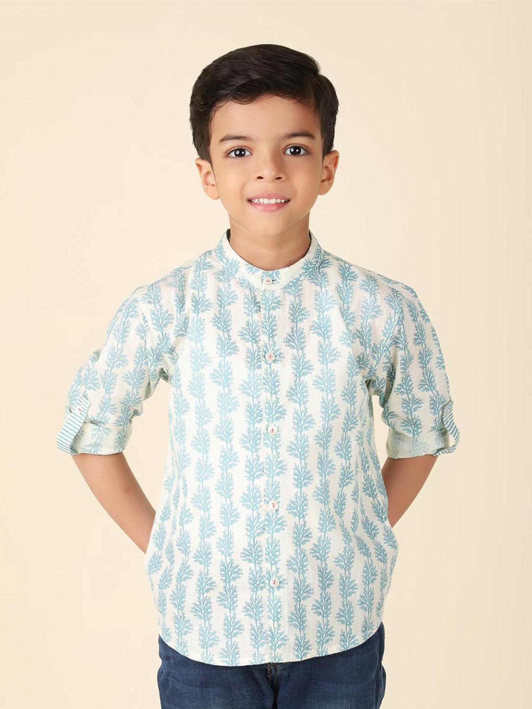 

Fabindia Boys Floral Printed Cotton Casual Shirt, Blue