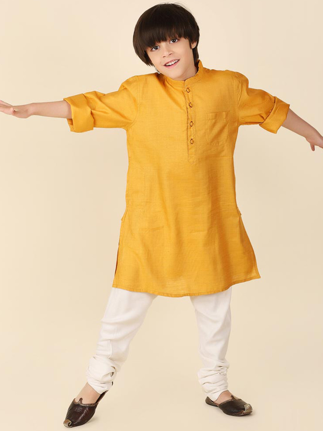 

Fabindia Boys Mandarin Collar Pure Silk Kurta, Yellow