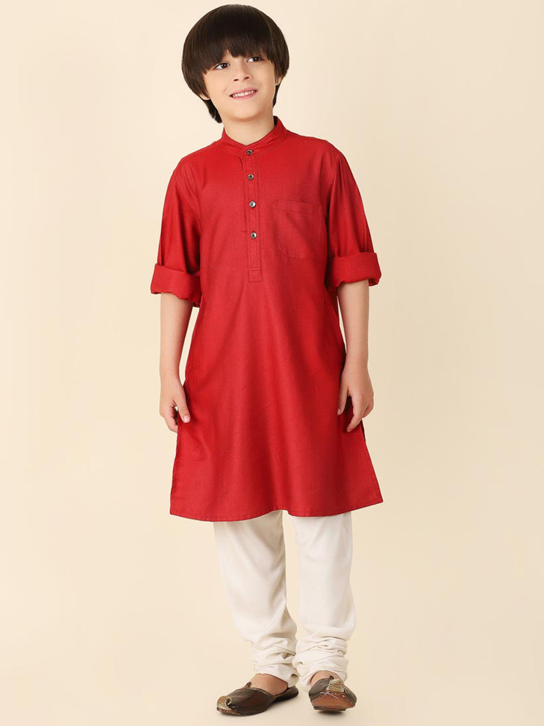 

Fabindia Boys Band Collar Straight Kurta, Red