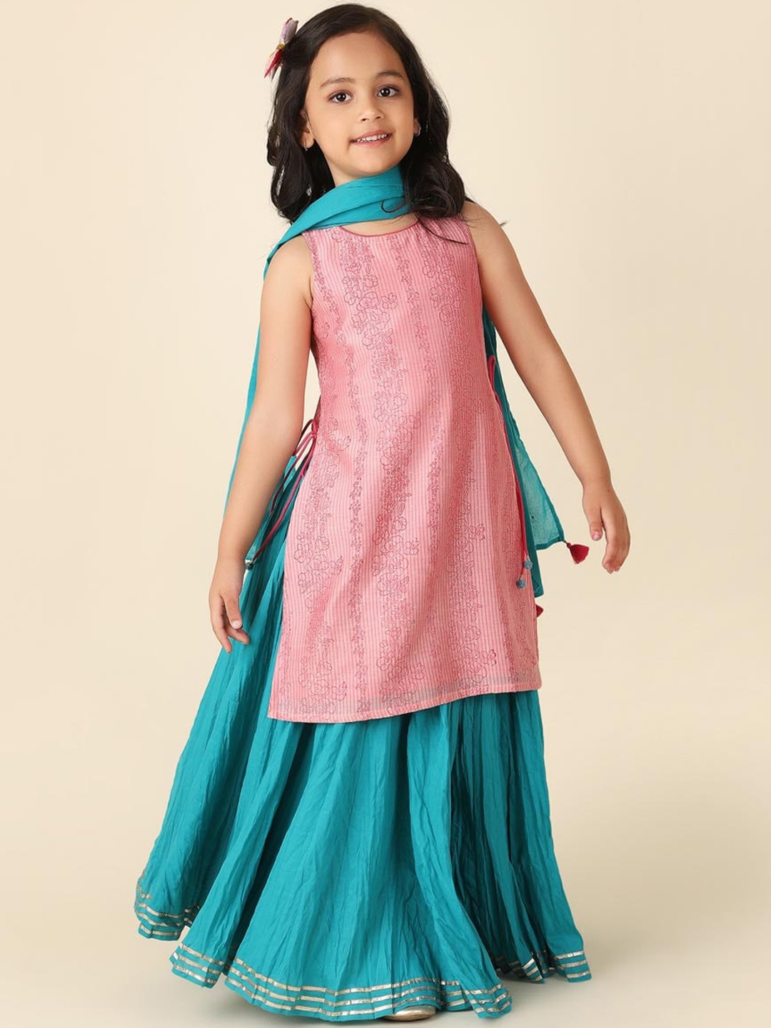 

Fabindia Girls Floral Printed Kurta with Skirt & Dupatta, Pink