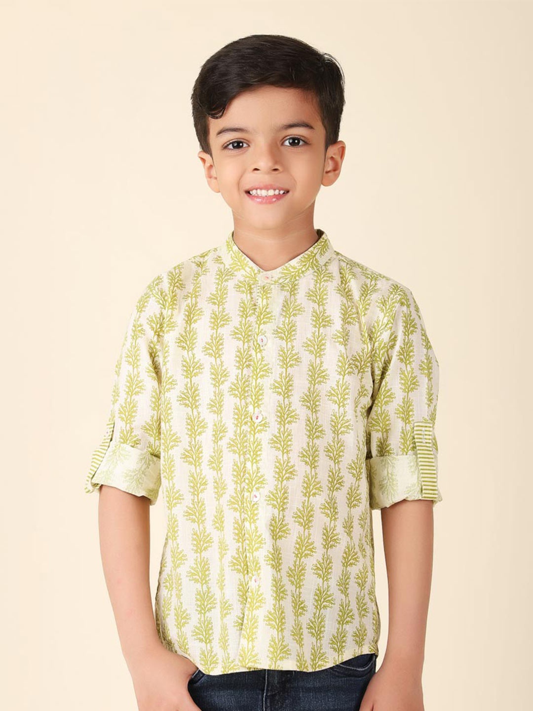 

Fabindia Boys Floral Printed Band Collar Cotton Casual Shirt, Off white