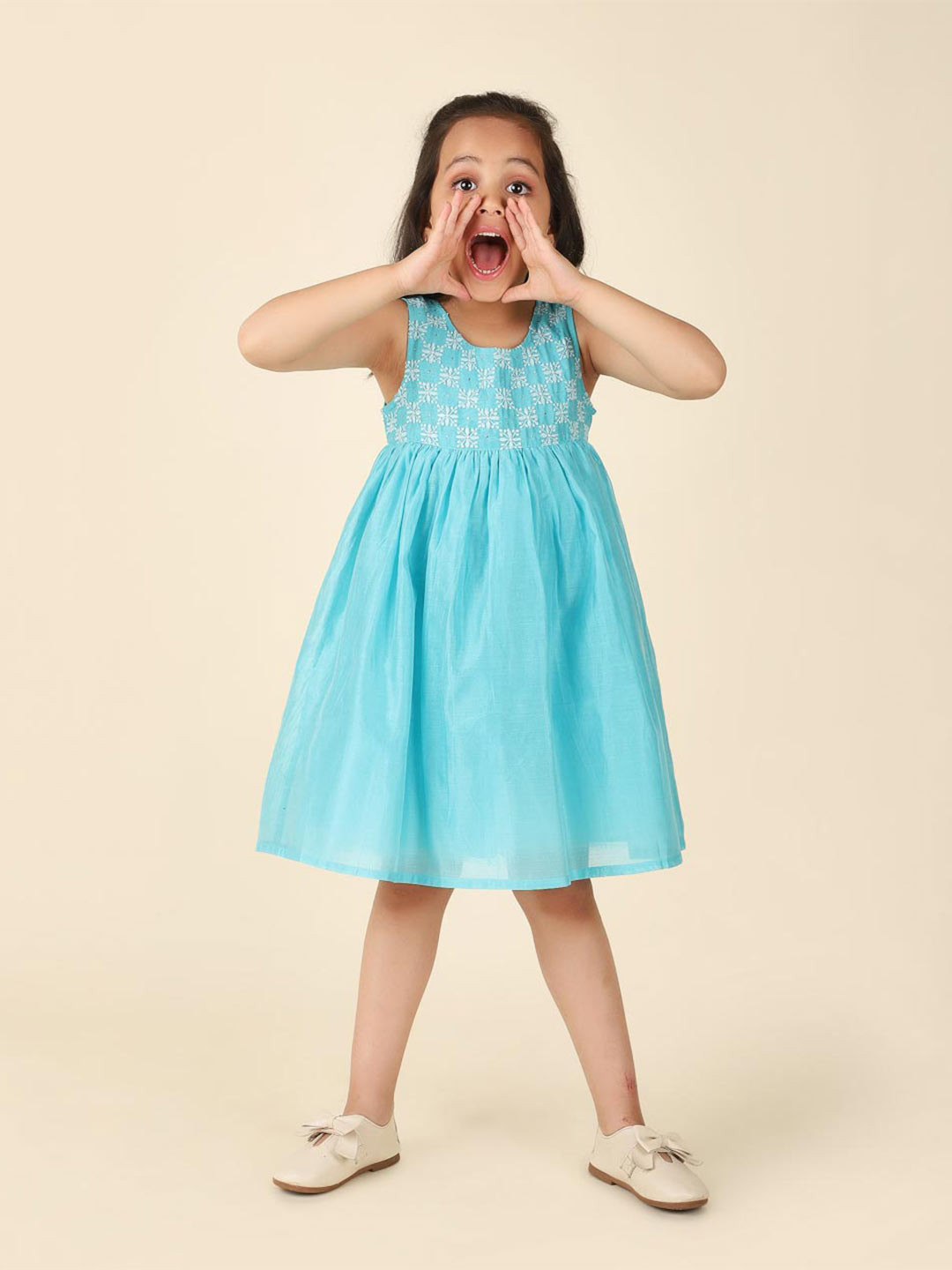 

Fabindia Girls Embroidered Fit & Flare Dress, Blue