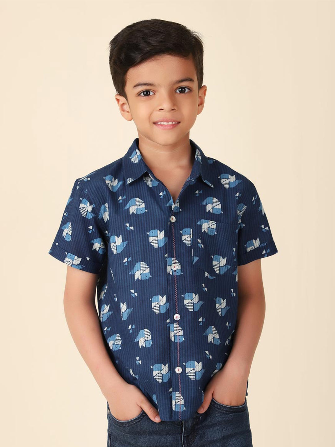 

Fabindia Boys Conversational Printed Cotton Casual Shirt, Navy blue