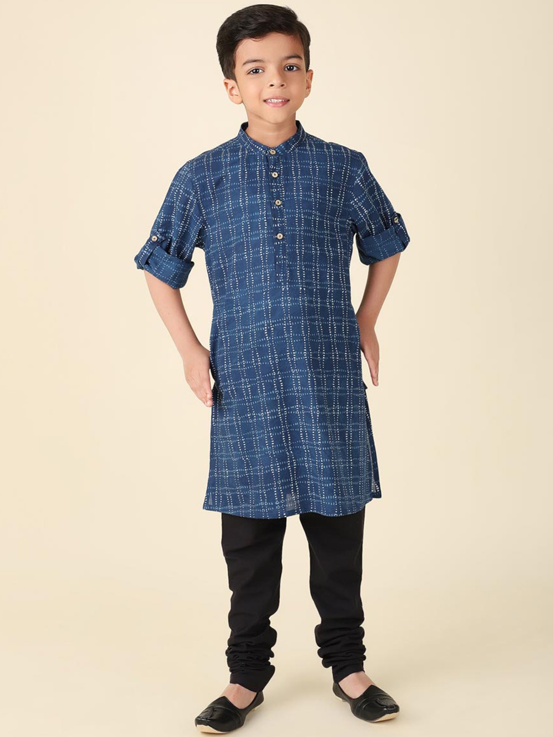 

Fabindia Boys Checked Band Collar Cotton Kurta, Navy blue