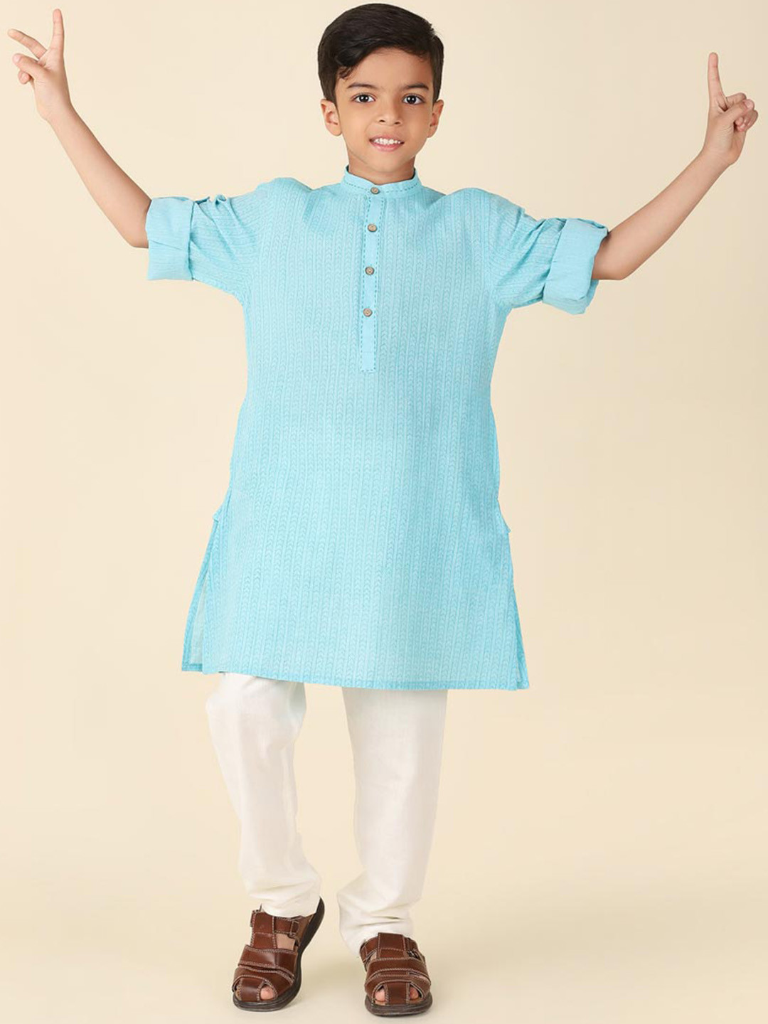 

Fabindia Boys Ethnic Motifs Printed Band Collar Cotton Kurta, Blue