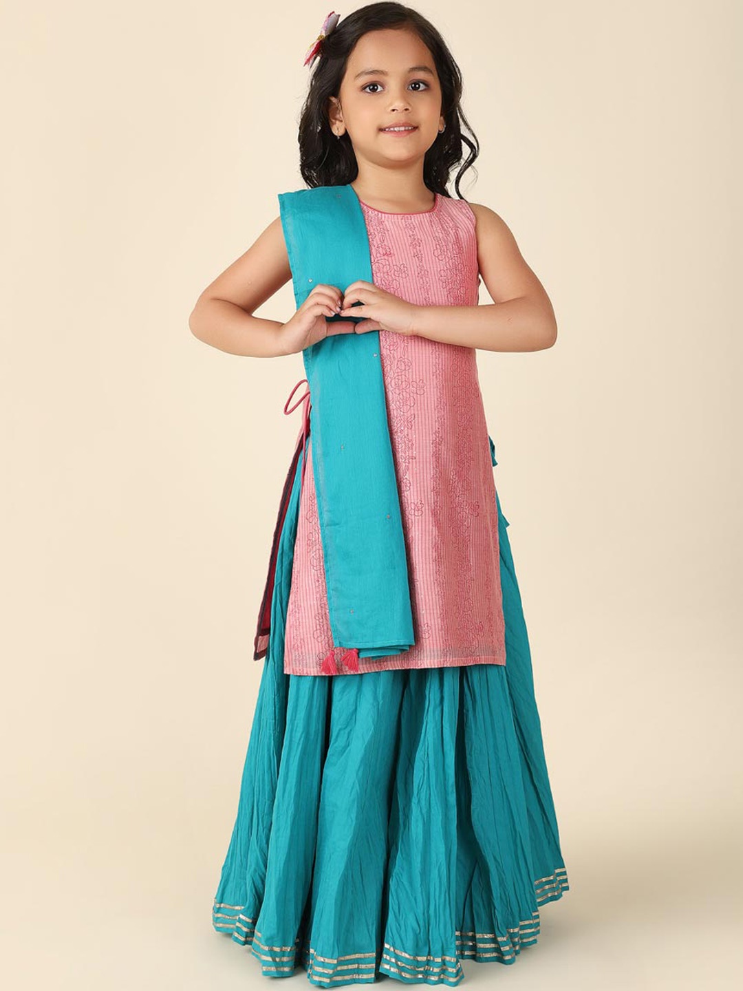 

Fabindia Girls Floral Printed Kurta with Skirt & Dupatta, Pink