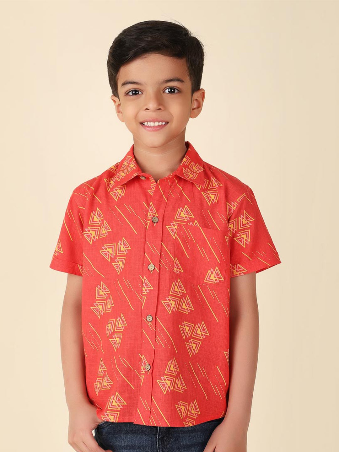 

Fabindia Boys Geometric Printed Cotton Casual Shirt, Red