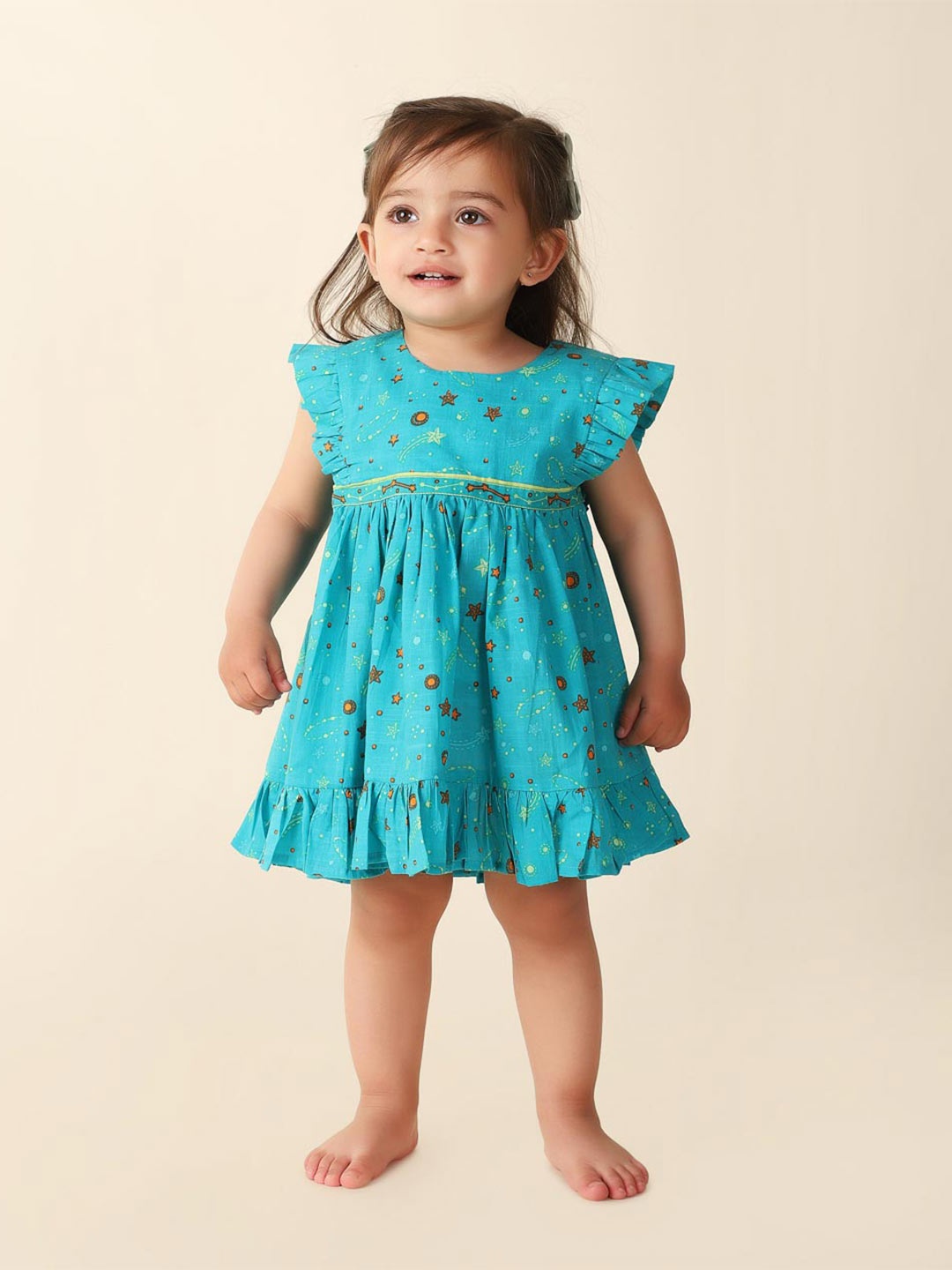 

Fabindia Infant Conversational Printed Flutter Sleeves Cotton Empire Dress, Teal